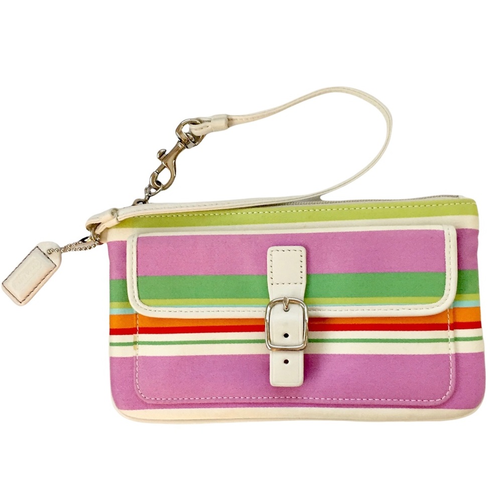 Coach Wristlet Striped with White Leather Trim and Buckle Detail